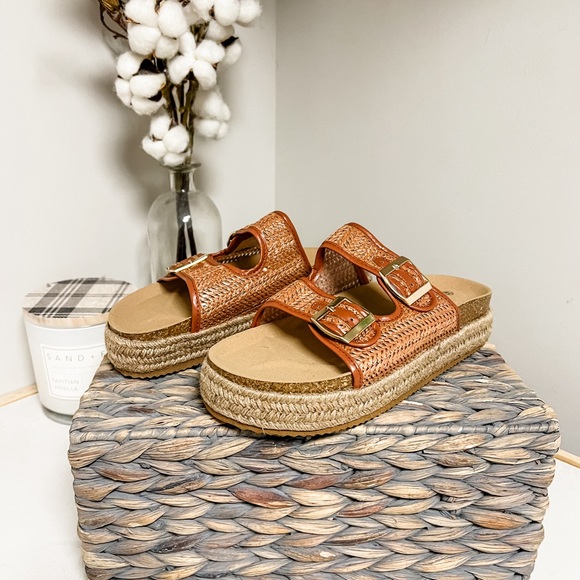 Brown Raffia Woven Two Strap Platform Espadrille Platform Sandals Size 8.5 - Picture 7 of 7